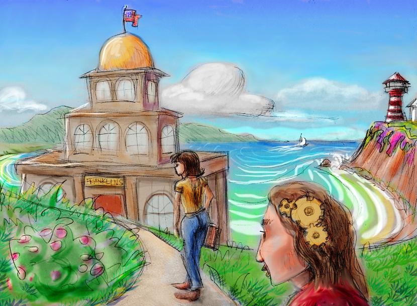 A three-story tower, Franklin's Tower, on Monterey Bay; dream sketch by Wayan. Click to enlarge.