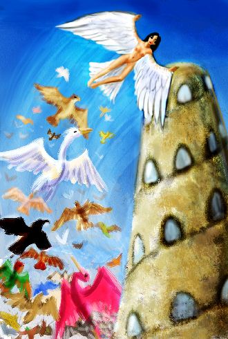 Bird girl leads a huge flock of wild birds swirling round a stone tower. Dream sketch by Wayan. Click to enlarge.