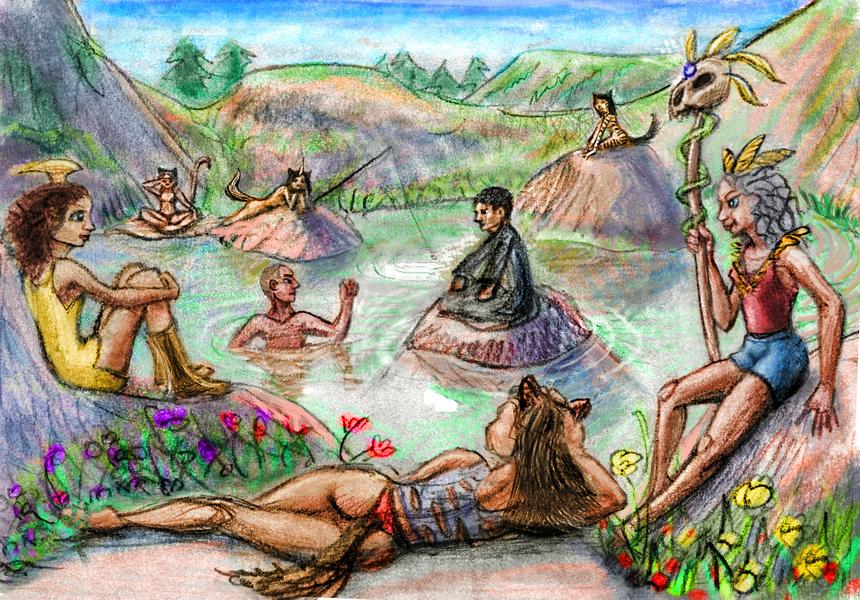 A trial held in a rocky pool. Cosplayers and shamans lounge on rocks. Dream sketch by Wayan. Click to enlarge.