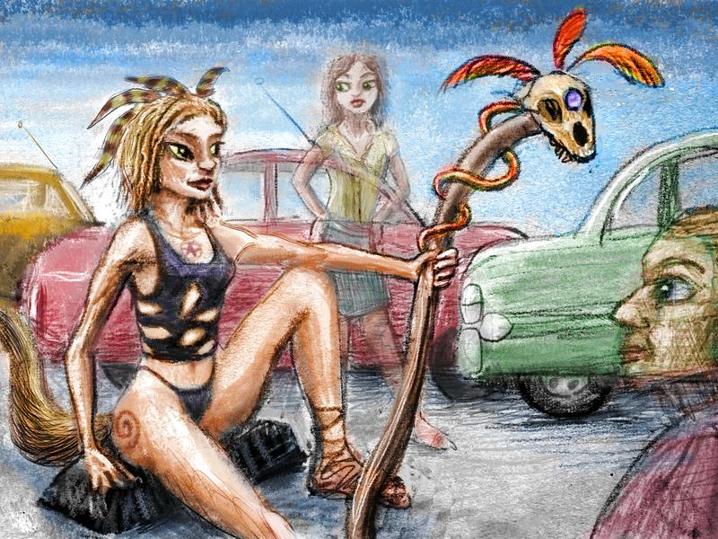 We test our invisibility spell in a parking lot, but a sexy shamaness can see us. Dream sketch by Wayan. Click to enlarge.