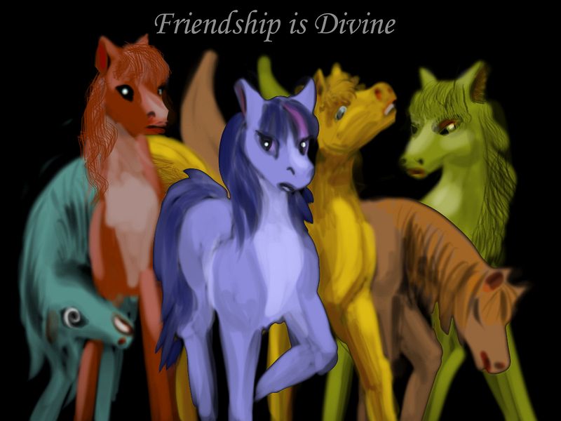 A purple pony mad at her new, divinely chosen friends. Words: 'Friendship Is Divine'. Dream sketch by Wayan. Click to enlarge.