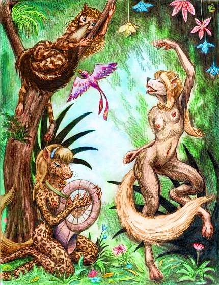 jungle with hanging flowers. Atoll, an equine girl, sits playing a spiral harp. Leaf, a small feline girl, hides in a tree. Gray, a canine/feline/lemur mix, dances to the right.