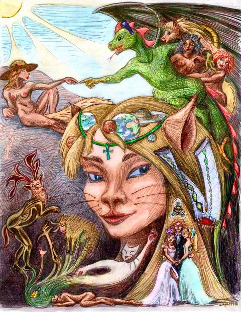 Top: me, Gray, in my wide hat, as Michelangelo's Adam getting the divine touch of contraception from the Dragon, as God. My portrait, with jewelry for once: the planets I've visited. Lower left, my human body dreaming; cave-paintings around me. Lower right, two girls and I getting married.