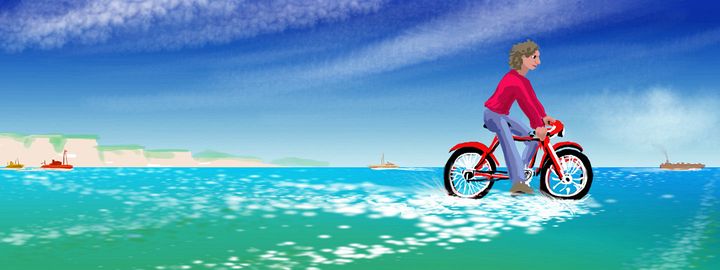 Biking across the English Channel; dream sketch by Wayan. Click to read dream.