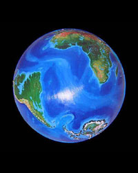 Globe of the Earth a thousand years from now: Antarctic forests, flooded Amazon, Florida gone.