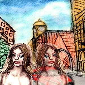 Sketch of twins with long hair, one slightly translucent; the street they're on is dimly visible through her skin.