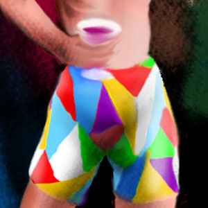Sketch of bizarre skin-tight shorts seen at a dream party: a patchwork of colored triangles.