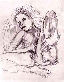 Pencil sketch of nude woman on bed spreading legs, looking suggestively at viewer.