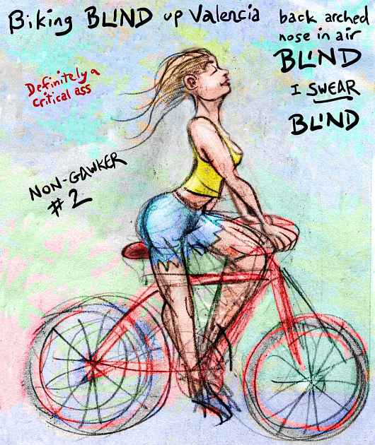 Sketch of a Critical Mass biker riding down Valencia Street with her eyes closed. Click to enlarge.