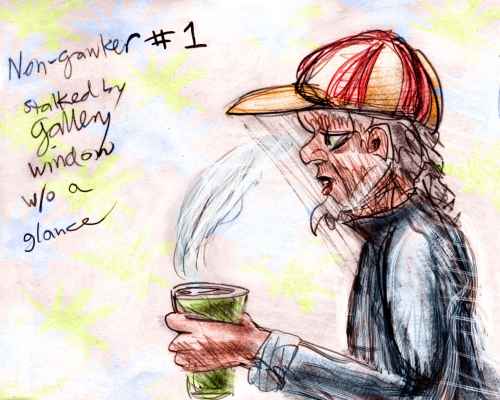 Sketch of bearded smiling guy in baseball cap striding along with coffee in tall paper cup.