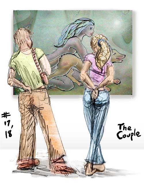 Couple fidget on seeing a painting of a man mounting a dog; sketch by Wayan. CLick to enlarge.
