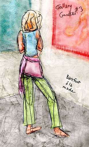 Sketch of a lanky barefoot girl in green pants, blue top, lavender sweater round waist, looking at paintings in City Art Gallery, 828 Valencia St., San Francisco