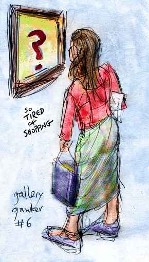 Caption: 'So tired of shopping!' Sketch of a tired woman carrying a valise and papers under her arm, looking at pictures in City Art Gallery, 828 Valencia St., San Francisco