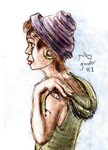 Sketch of a waifish girl in profile, with a cylindrical hat, looking at paintings in City Art Gallery, 828 Valencia St., San Francisco. Click to enlarge.