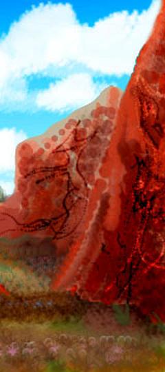 Cliffs with pictographs; a dream version of Garden of the Gods, Colorado. Dream sketch by Wyaan.