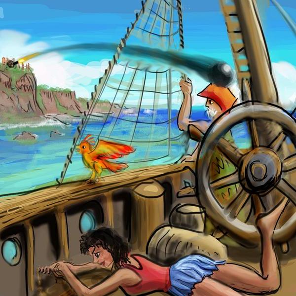 Girl drills hole in the hull of a pirate ship as cannonballs whiz by. Dream sketch by Wayan. Click to enlarge.