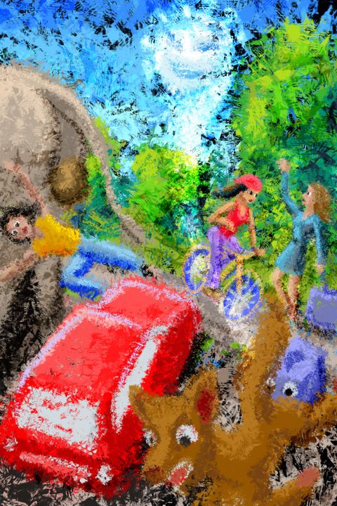 Roadside crash involving pedestrian, elephant, car, bike, luggage and dog. Dream sketch by Wayan. Click to enlarge.