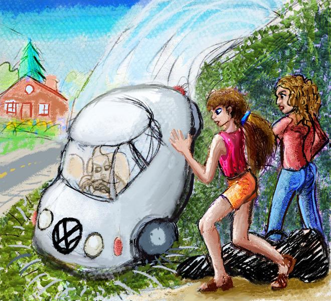 A ghost drives a VW Bug over a tall hedge. Dream sketch by Wayan. Click to enlarge.