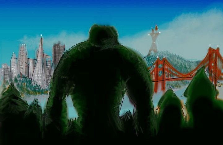 A giant silhouetted, looking at the skyline of San Francisco. Dream sketch by Wayan