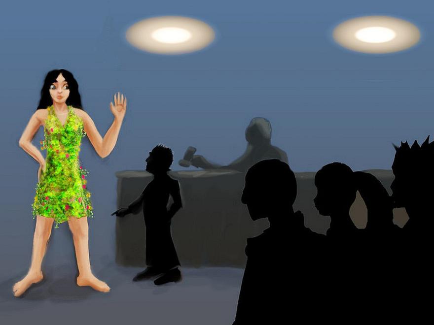 Human court tries a teen giantess. Sketch of a dream by Wayan. Click to enlarge.