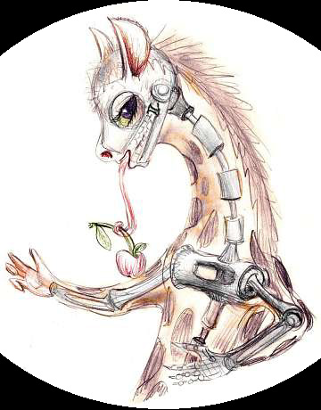 Pencil sketch of a dream by Chris Wayan: head neck and arms of a giraffelike centauroid seen semitransparently, showing a metallic skeleton with hydraulic pistons.