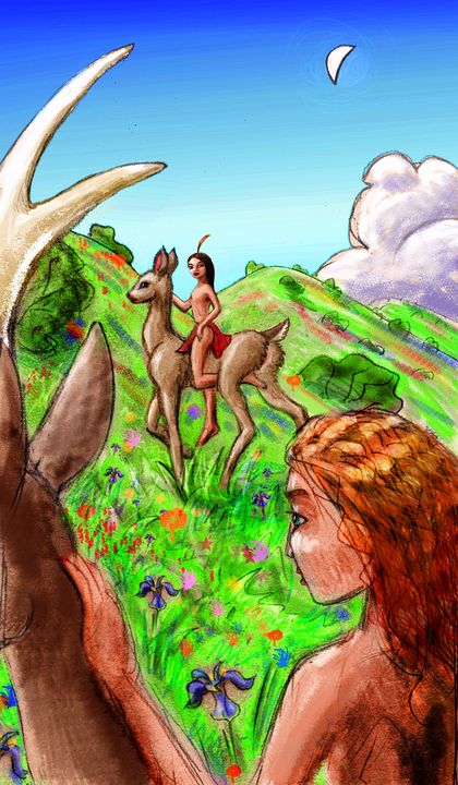 Two girls ride deer to a sacred spring in flowering hills. Dream sketch by Wayan. Click to enlarge.
