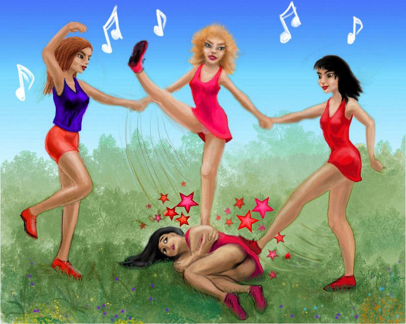 Three girls in red kick a fourth girl on the ground; sketch of a dream by Chris Wayan.
