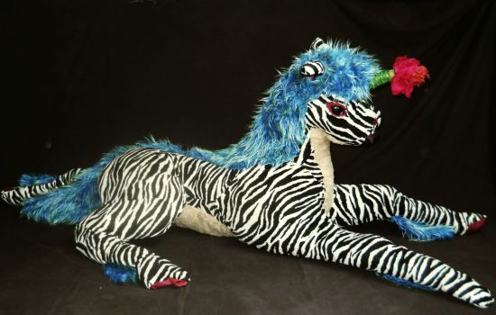 Fiveheart, a zebra-striped unicorn with rose and mirror on her brow; soft sculpture of a dream by Chris Wayan. Click to enlarge.