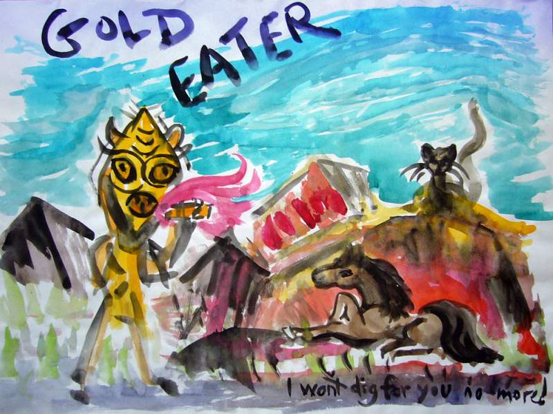 watercolor of a dream by Wayan: 'Gold Eater'. A pony rebels against its monster master, who forces the pony to dig gold.