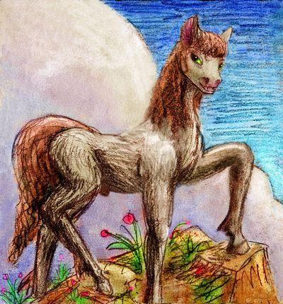 Blackie, a grinning stubby hill-pony, atop a crag. Dream sketch by Wayan. Click to enlarge.