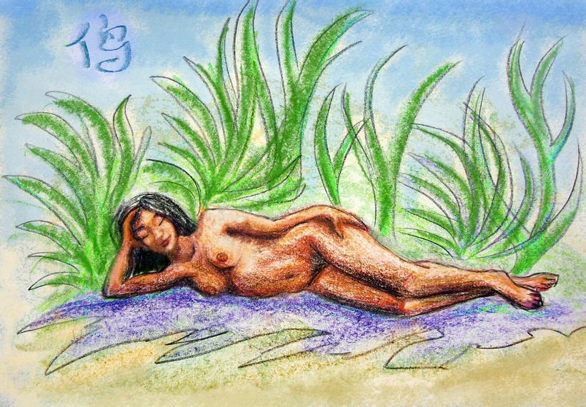 Girl lying on beach in reeds. Dream sketch by Wayan. Click to enlarge.