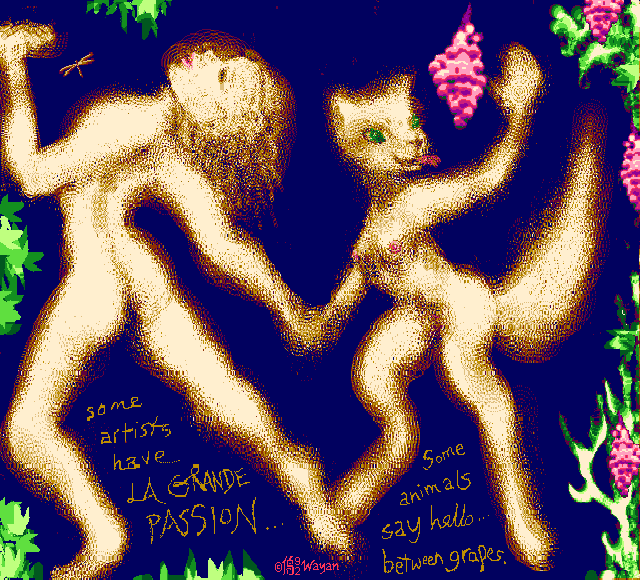 A woman dancing with La Grande Passion, while a vixen reaches up to pick grapes. Click to enlarge.