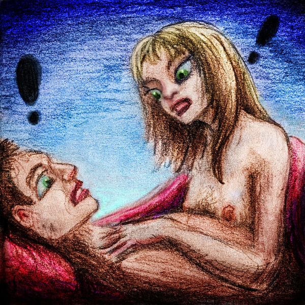 Two teens wake in bed together; looking shocked and confused. Dream sketch by Wayan. Click to enlarge.