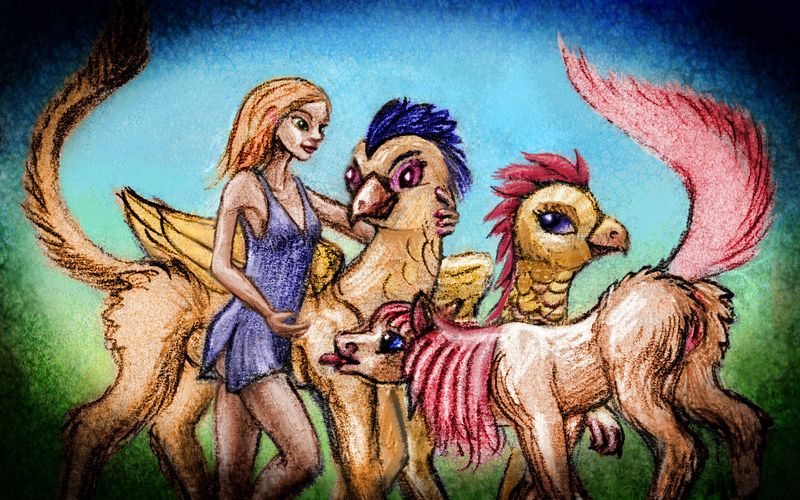 Two griffins, a pony and a human. Dream sketch by Wayan. Click to enlarge.