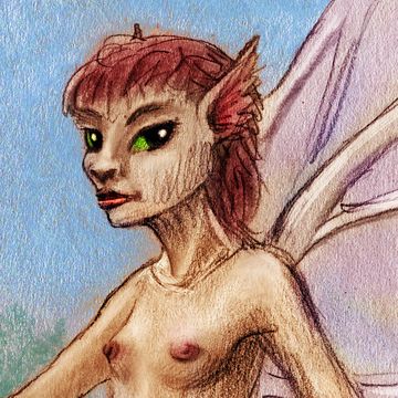 Half-grown fairy with green eyes; dream sketch by Wayan; click to enlarge.