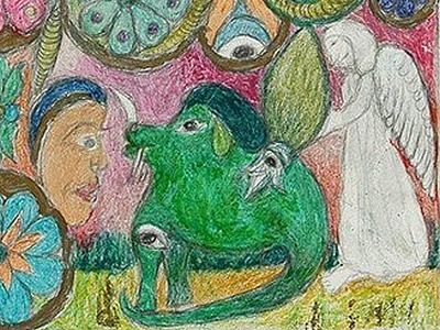 'Funny Green Animal', 'Green Animal', or 'Green Unicorn', detail of 1980 dream art by Minnie Evans.