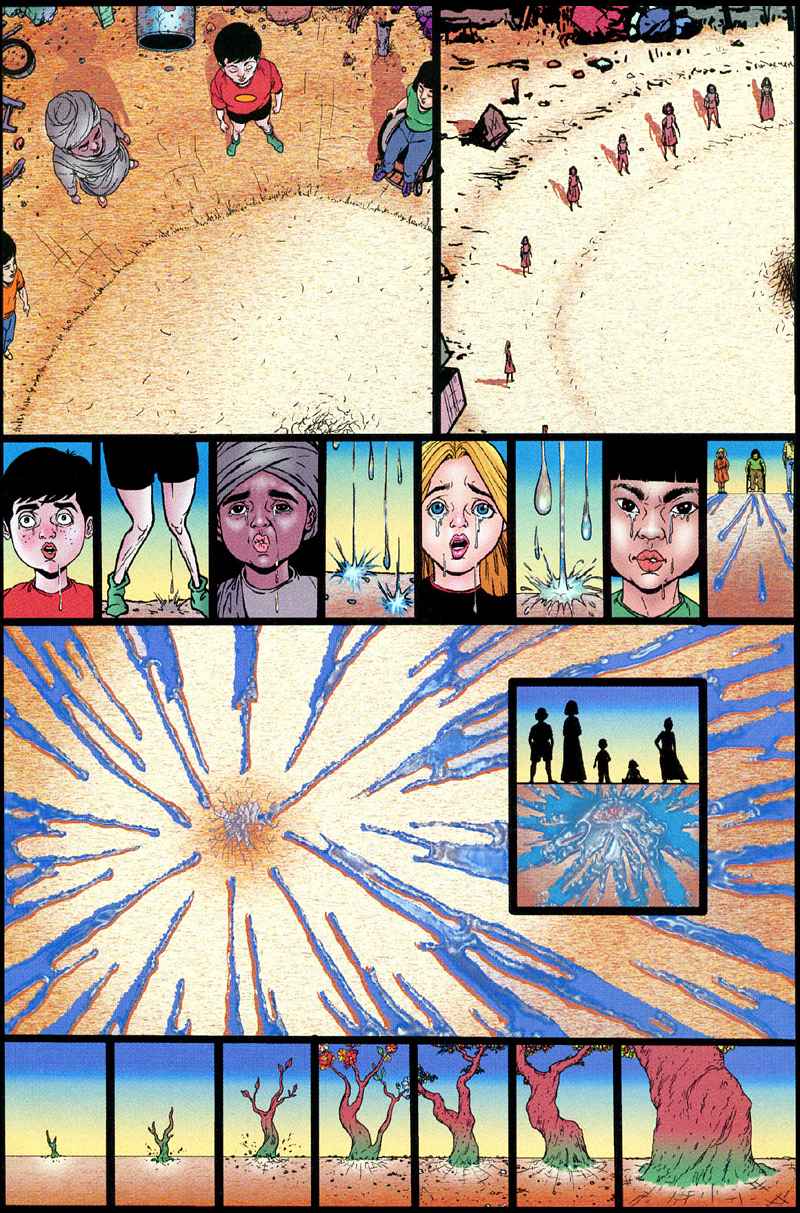 Page 2 of a wordless three-page color comic by Al Davison telling a dream he had just before 9/11: Children stand in a circle, crying; their tears flow together at ground zero; a sapling sprouts.