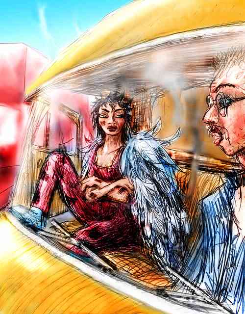 Dream: A scorched, scowling angel sits next to a trucker in his cab. He looks guilty--with good reason.