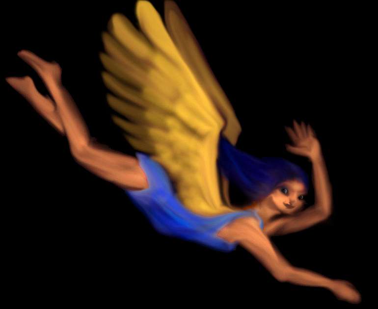 I'm a gyrlfalcon in flight in a huge dark theater. Sketch of dream by Wayan; click to enlarge.