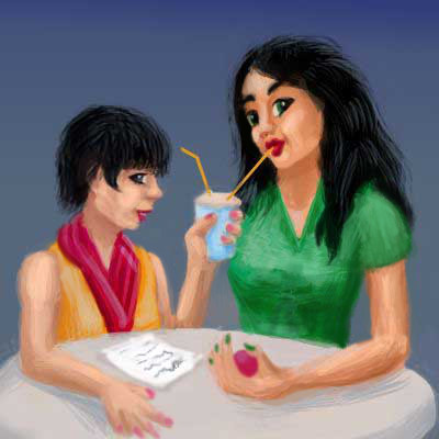 Sketch of two girls (black hair, gold and green tops, a magenta scarf), sipping a drink at a round cafe table.