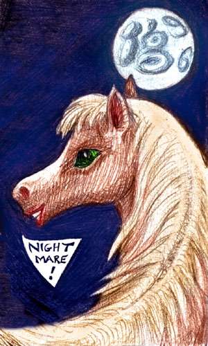 Sketch of Silky, my Nightmare; a beautiful mare's head against a full moon.