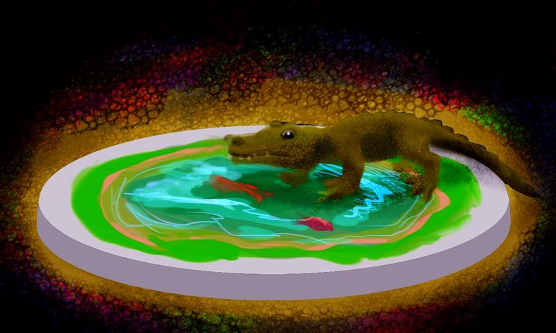 An alligator sprawled on a big steel disk painted to look like a pond with koi. Dream sketch by Wayan.