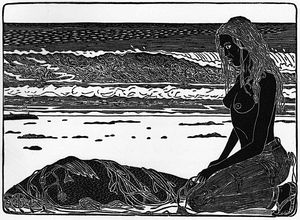 Girl finds dead seal on a beach. Black and white woodblock print by Tom Killion. Click to enlarge.