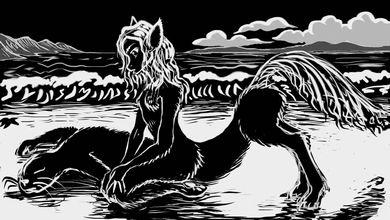 Vixentaur finds dead seal on an Abyssian beach; faux woodblock print by Wayan. Click to enlarge.