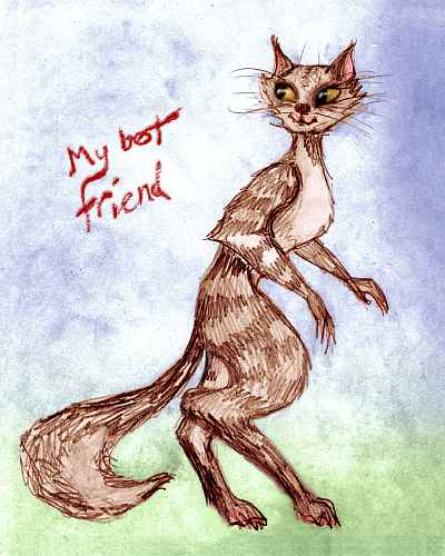 Sepia sketch of a dream-character: a  bushy-tailed cat reared upright, looking over her shoulder. Pose from a drawing by cartoonist Lela Dowling. Click to enlarge.