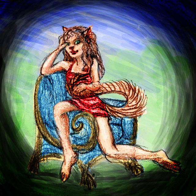 Catgirl sprawls in a blue chair, toying with her tail; sketch of a dream by Chris Wayan.