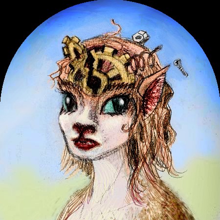 A catgirl with broken gears and bolts popping out of her head; sketch of a dream by Chris Wayan