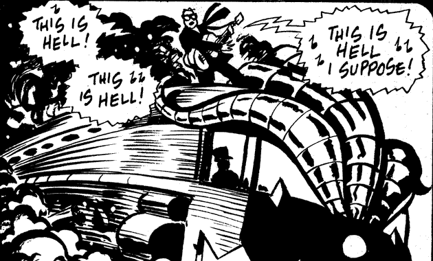 Elvis Costello, atop a demon train, sings 'This is Hell I suppose'; panel of a dream-comic by Rick Veitch.