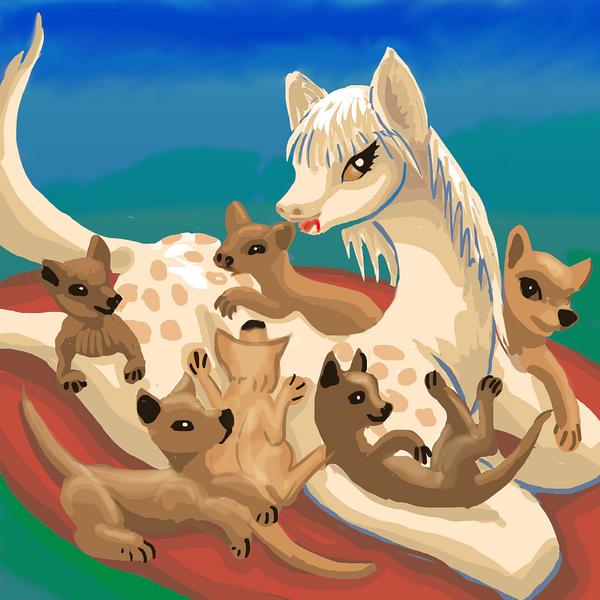 Dogsize herbivore with bloody lips; puppies surround. Dream sketch by Wayan; click to enlarge.'