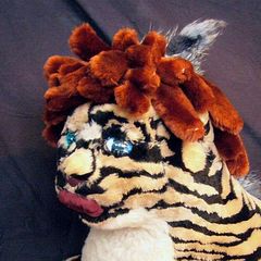 Head of a soft sculpture, 'Mertiger'--a tigress with dreadlocks and a dolphin tail. Dream sculpture by Wayan.